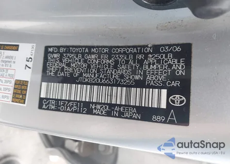2006 Toyota Prius z USA, uszkodzony, nr VIN JTDKB20U663173255